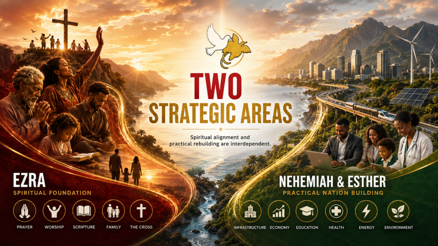 Two Strategic Areas — Ezra (Spiritual Foundation) and Nehemiah & Esther (Practical Nation Building).